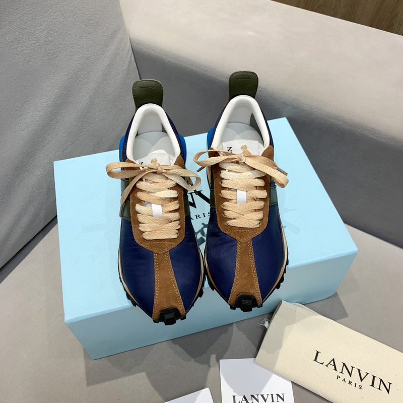 LANVIN Bumper Brown Striped Sneakers on Dark Blue