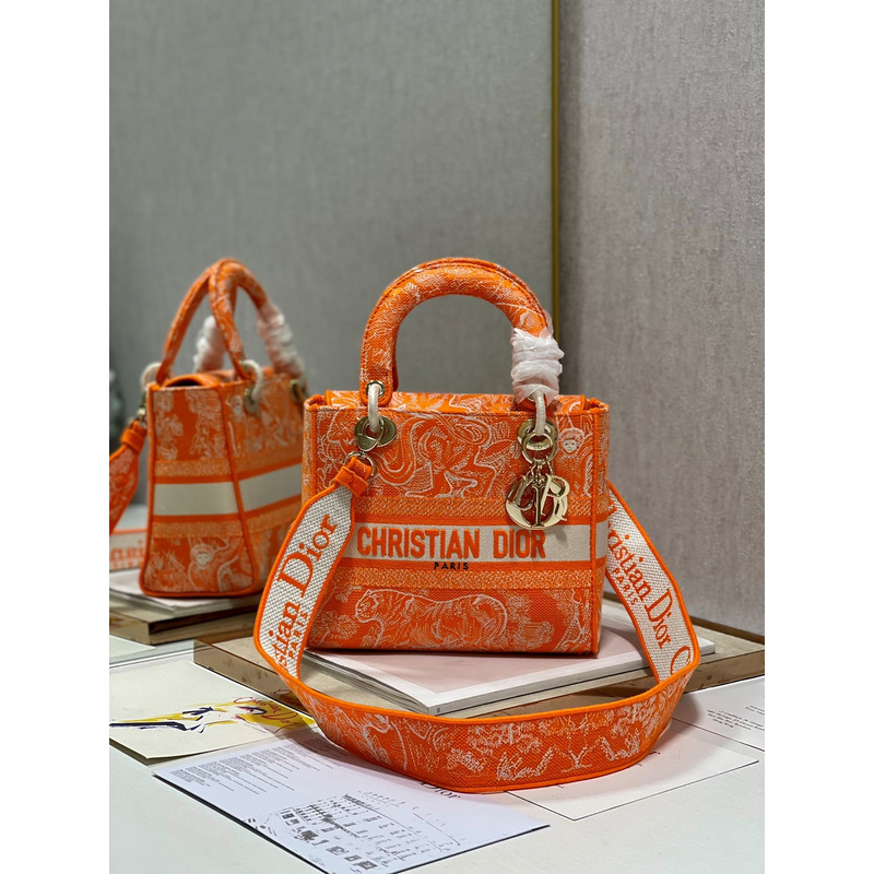 D*or medium lady d-lite print embroidered bag 24  x 20  x 11 cm orange