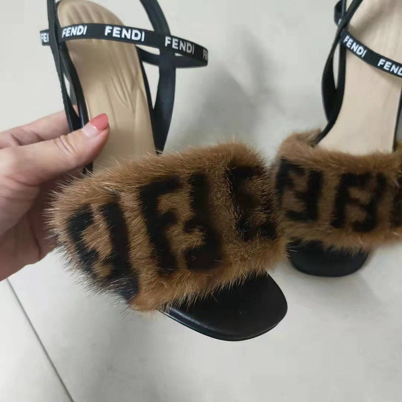 F**di leather mink fur logo sandals in brown