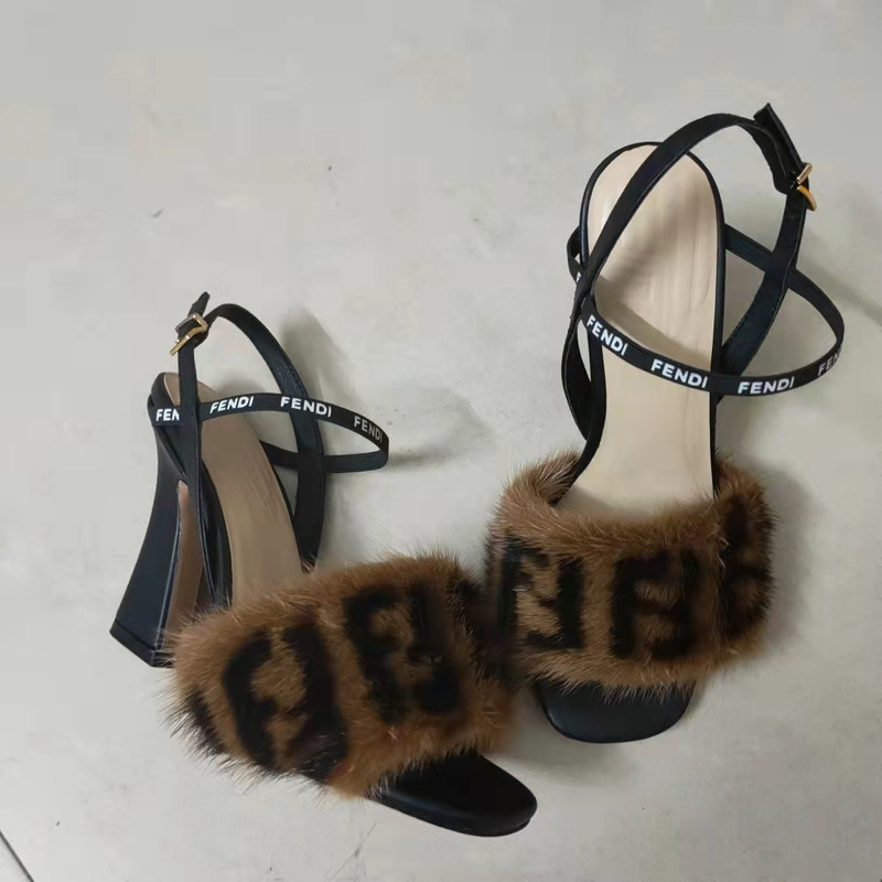 F**di leather mink fur logo sandals in brown