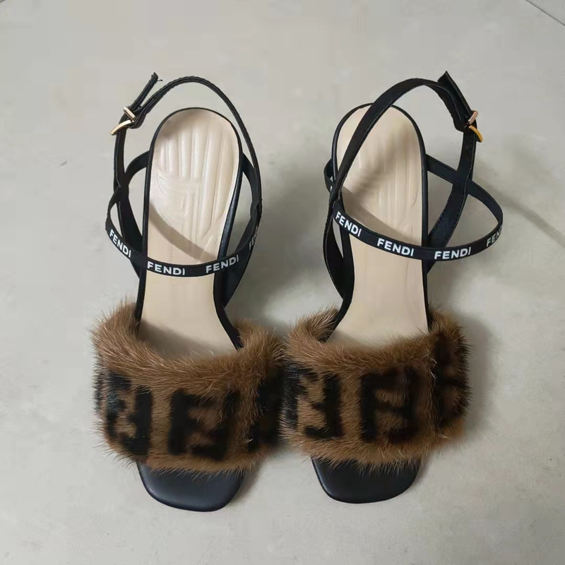 F**di leather mink fur logo sandals in brown