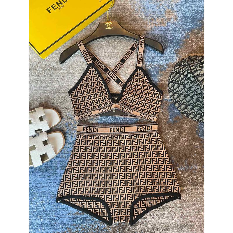 F**di f letter retro swimsuit brown