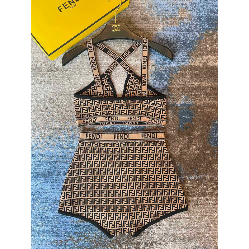 F**di f letter retro swimsuit brown