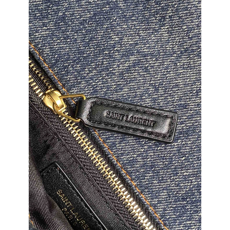 Saint Laurent Puffer Black Leather Strap Toy Bag Small in Denim