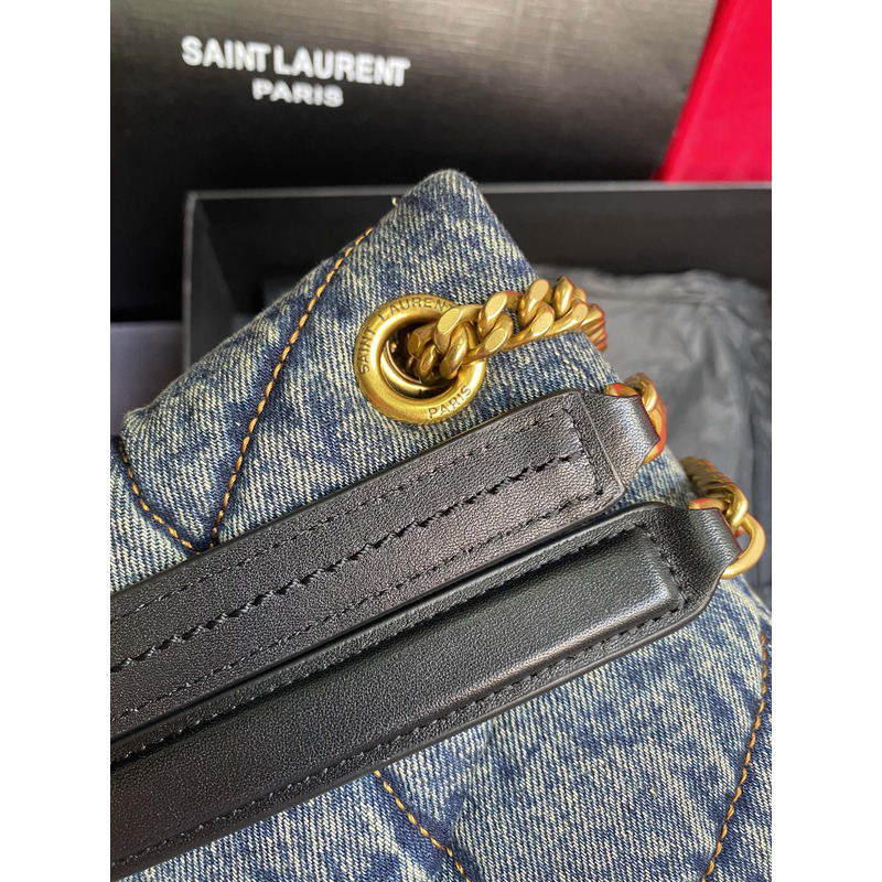 Saint Laurent Puffer Black Leather Strap Toy Bag Small in Denim