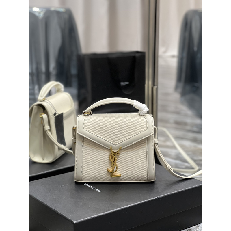 Saint Laurent Cassandra Mini Top Handle Embossed Leather Shoulder Bag Blanc Vintage