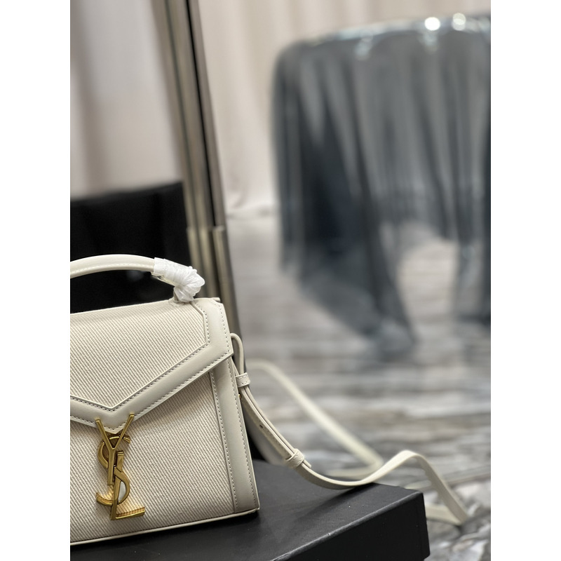 Saint Laurent Cassandra Mini Top Handle Embossed Leather Shoulder Bag Blanc Vintage