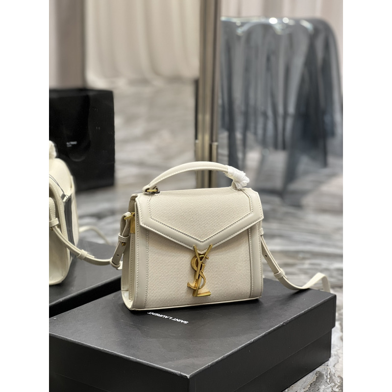 Saint Laurent Cassandra Mini Top Handle Embossed Leather Shoulder Bag Blanc Vintage