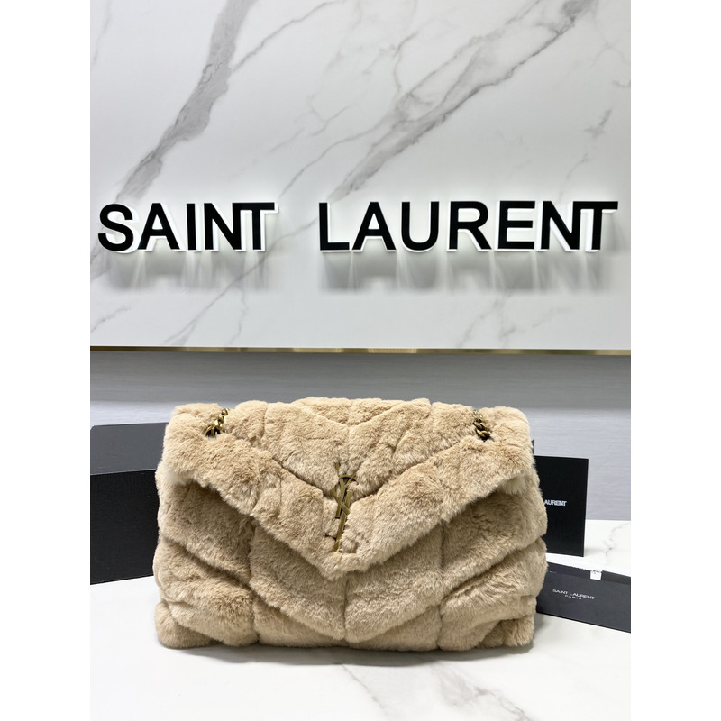 Saint Laurent Loulou Small Shearling Shoulder Bag Beige 29cm-17cm-11cm