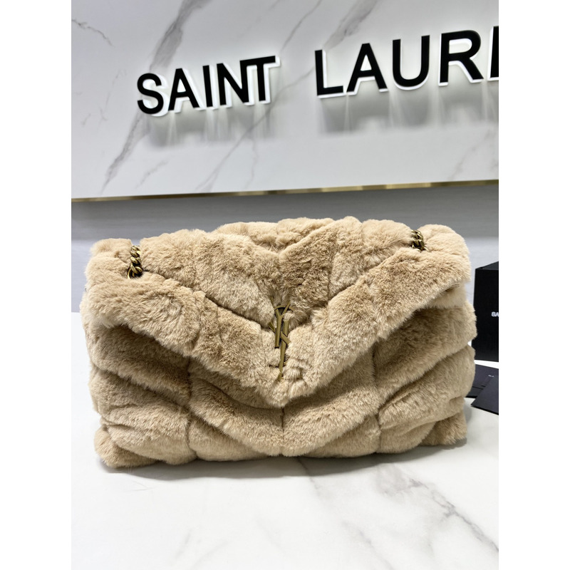 Saint Laurent Loulou Small Shearling Shoulder Bag Beige 29cm-17cm-11cm