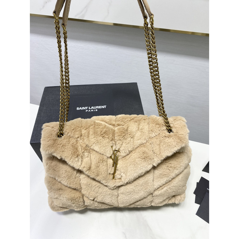 Saint Laurent Loulou Small Shearling Shoulder Bag Beige 29cm-17cm-11cm