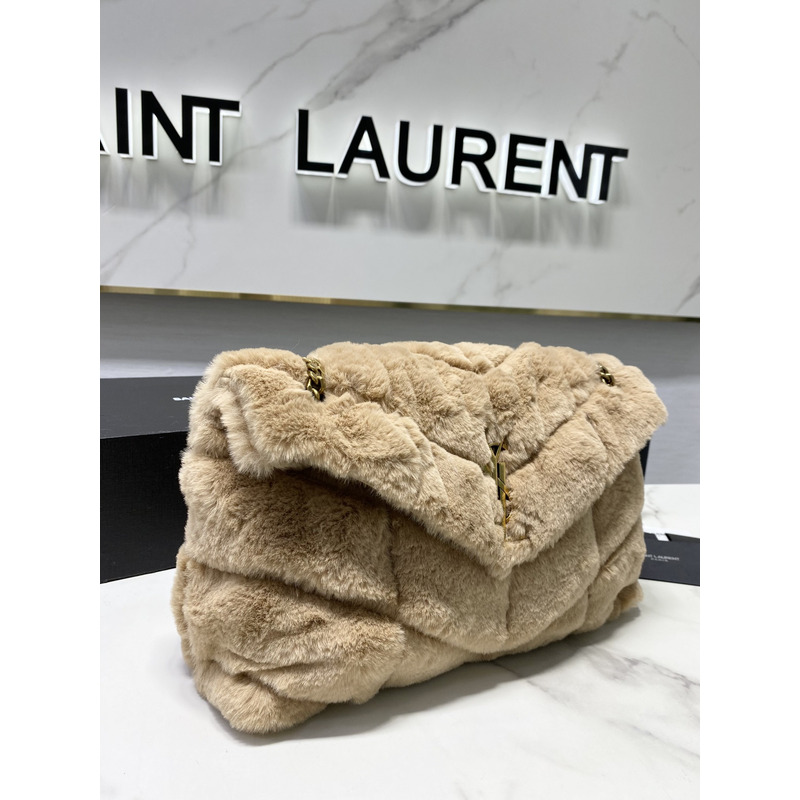 Saint Laurent Loulou Small Shearling Shoulder Bag Beige 29cm-17cm-11cm