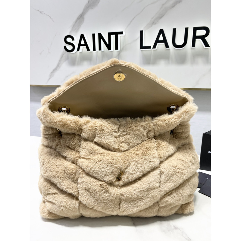 Saint Laurent Loulou Small Shearling Shoulder Bag Beige 29cm-17cm-11cm