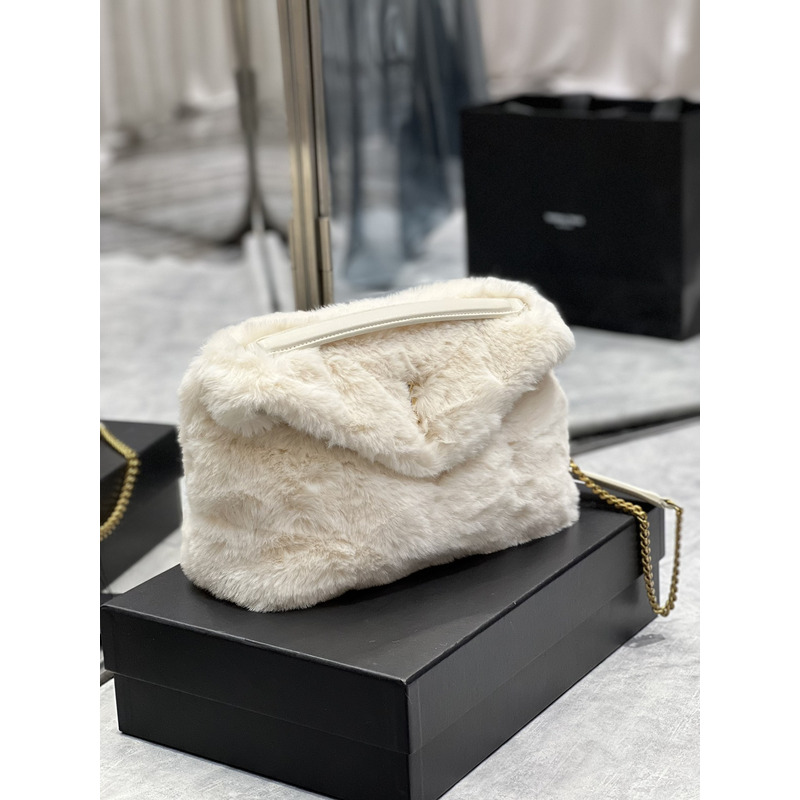 Saint Laurent Loulou Small Shearling Shoulder Bag Cream 29cm-17cm-11cm