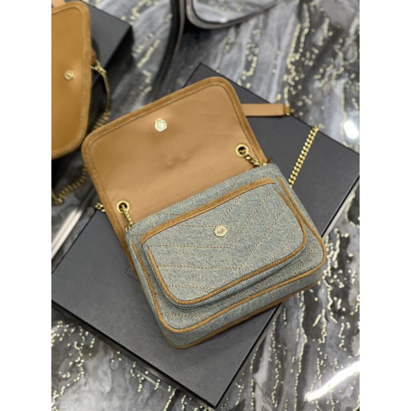 Saint Laurent Niki Medium Bag In Denim And Suede Bean Green