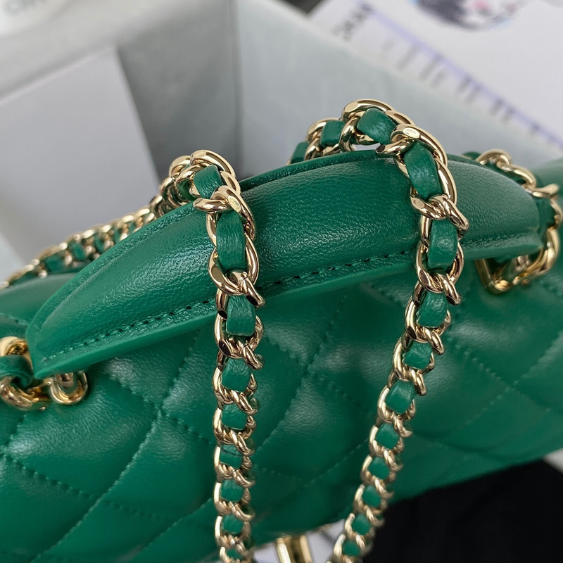 Ch*el mini flap bag with top handle lambskin & gold-tone metal green