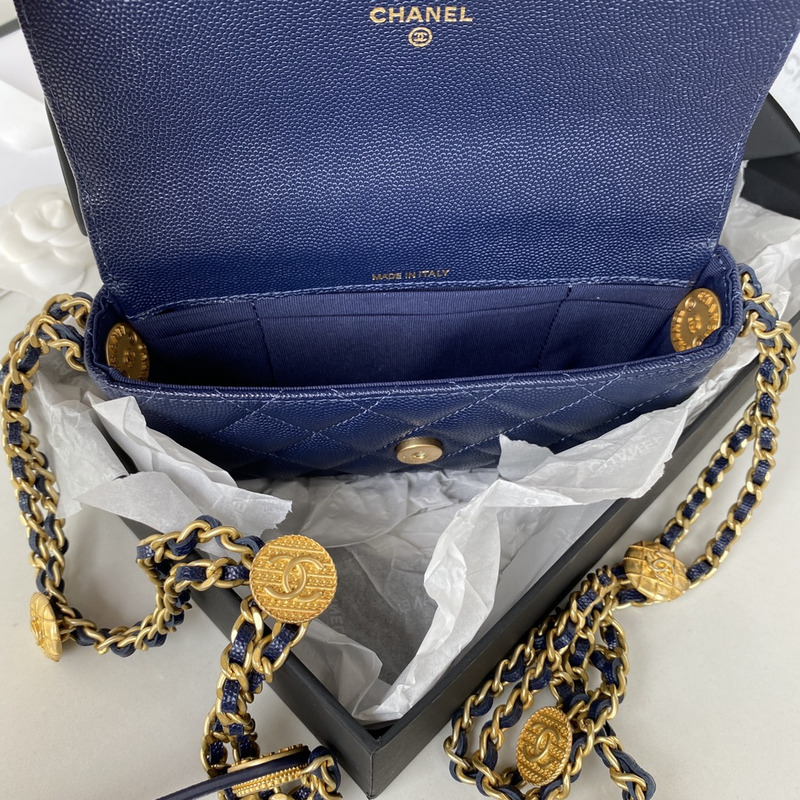 Ch*el small flap bag grained shiny calfskin & gold-tone metal blue