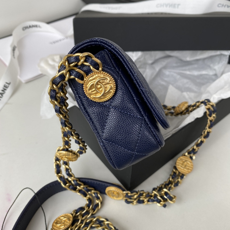 Ch*el small flap bag grained shiny calfskin & gold-tone metal blue