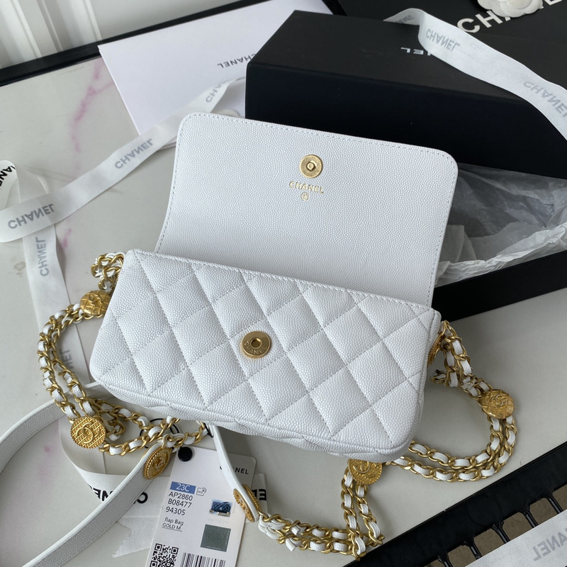 Ch*el small flap bag grained shiny calfskin & gold-tone metal white