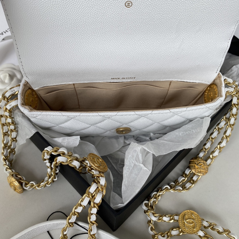 Ch*el small flap bag grained shiny calfskin & gold-tone metal white