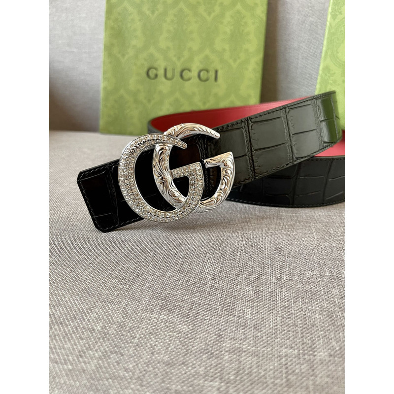 G*u*i double g silver diamond leather belt