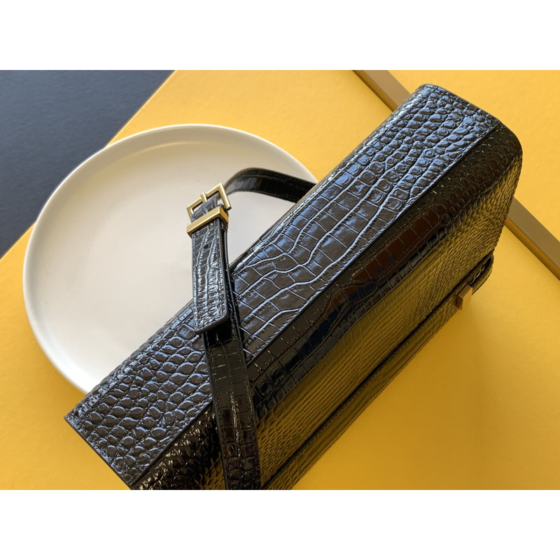 Saint Laurent MANHATTAN CROCODILE-EMBOSSED GLOSSY LEATHER SHOULDER BAG Black