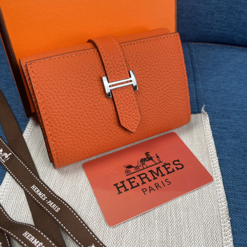 H**mes bearn compact wallet with palladium-plated ''h'' tab closure orange