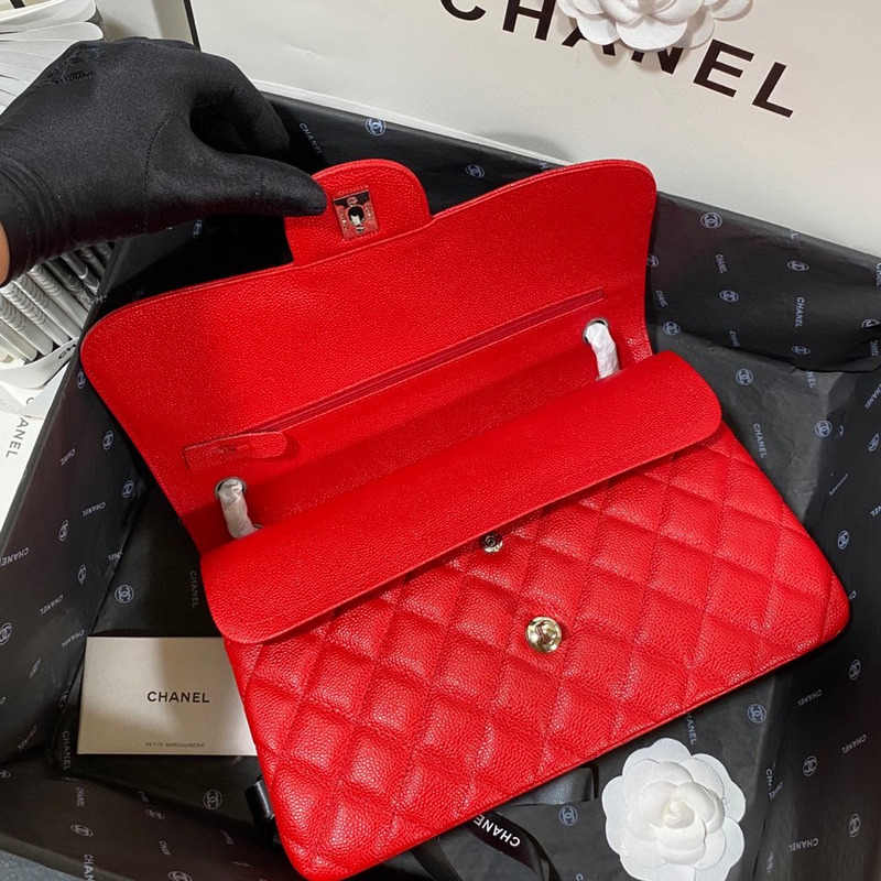 Ch*el  cf1113 jumbo double flap grained calfskin red