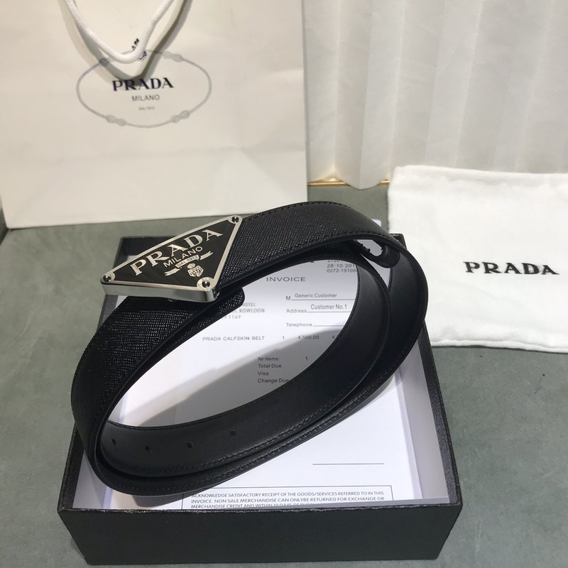 Pra*a saffiano leather belt black&silver