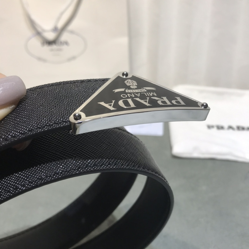 Pra*a saffiano leather belt black&silver