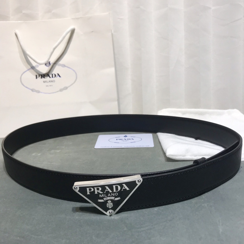 Pra*a saffiano leather belt black&silver