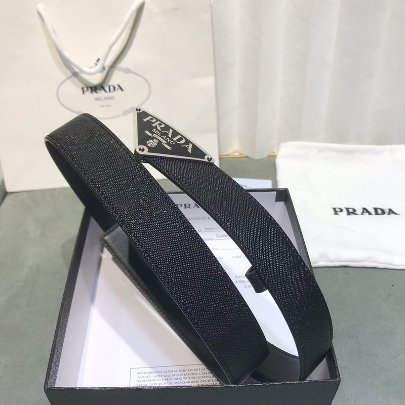 Pra*a saffiano leather belt black&silver