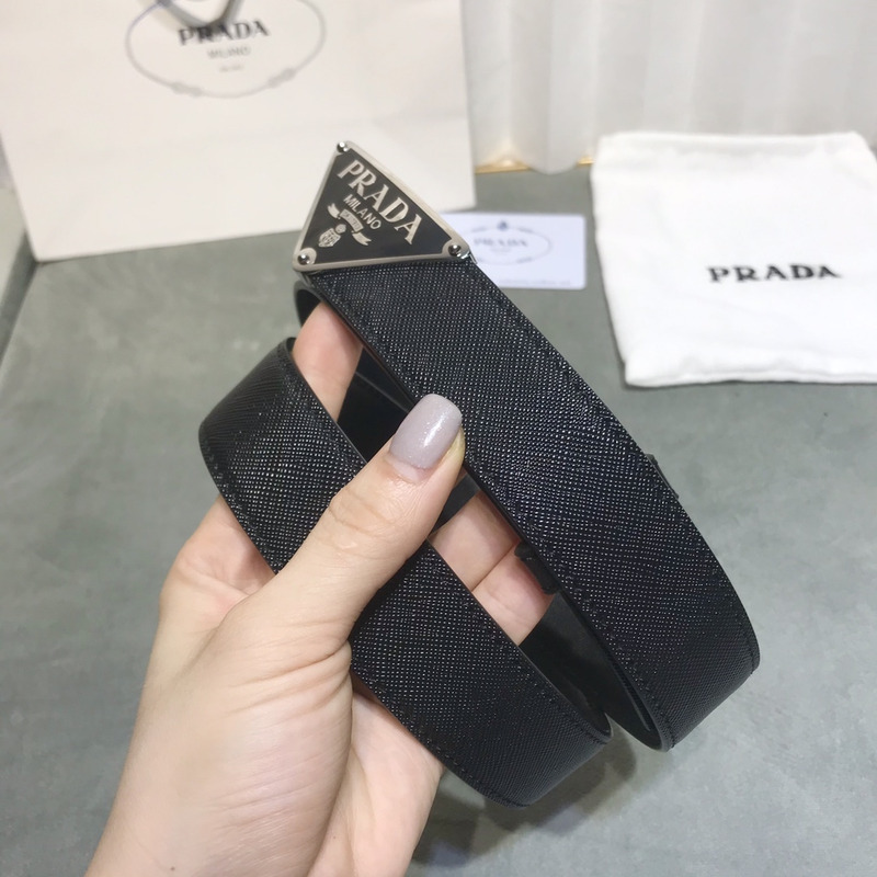 Pra*a saffiano leather belt black&silver