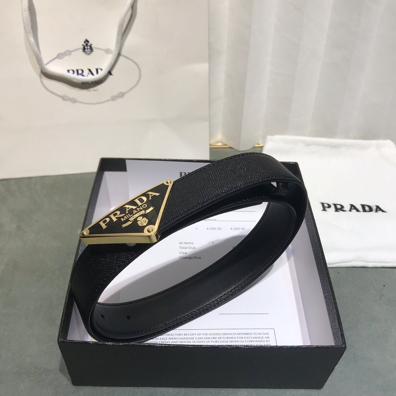 Pra*a saffiano leather belt black&glod