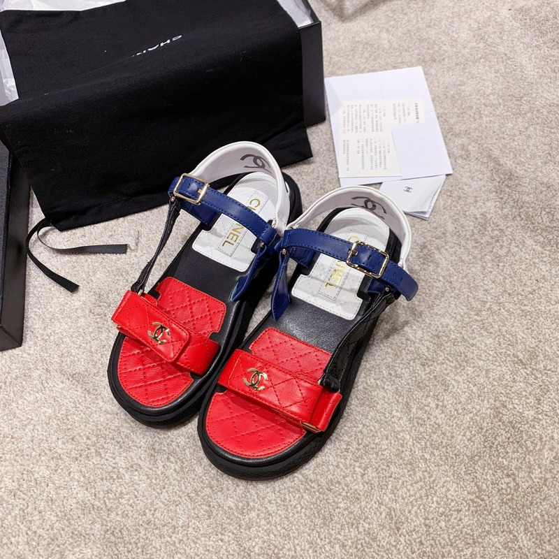 Ch*el open toe platform plain block heels red/blue