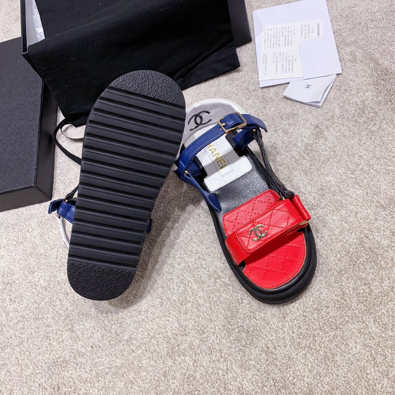 Ch*el open toe platform plain block heels red/blue