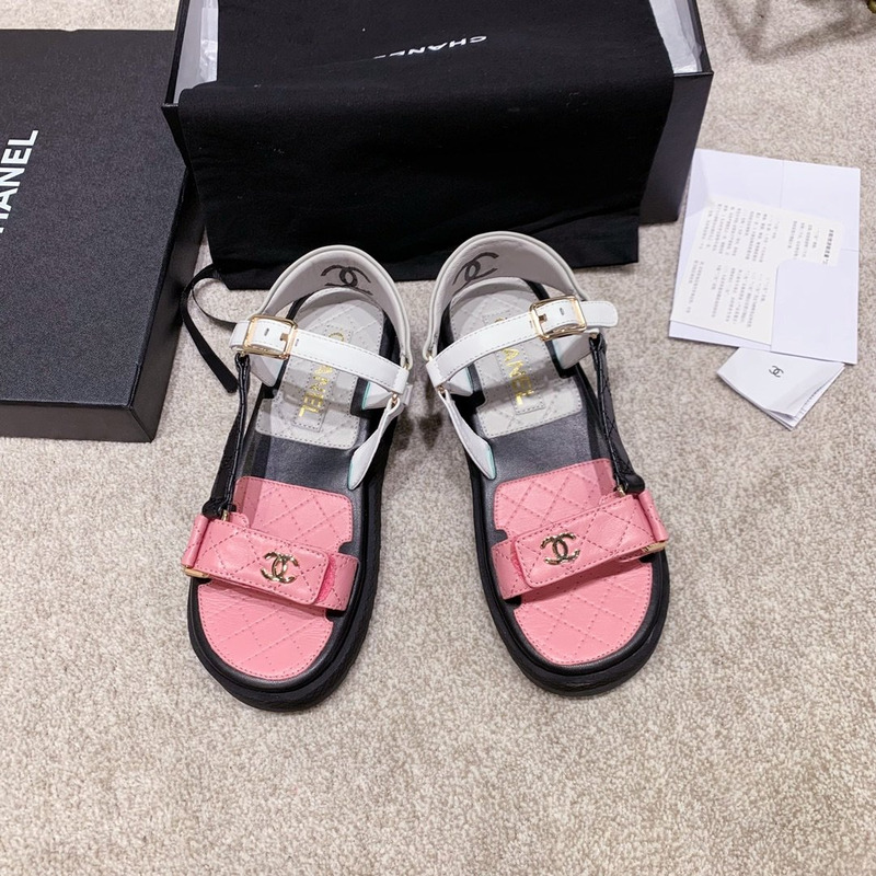 Ch*el leather sandals white&pink