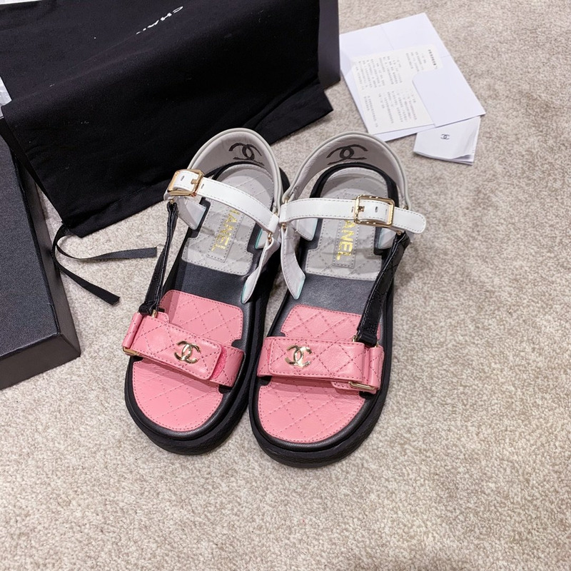 Ch*el leather sandals white&pink