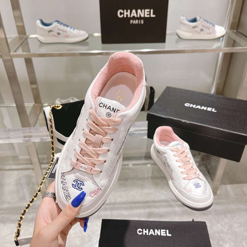 Ch*el  logo embroidered sneakers white pink