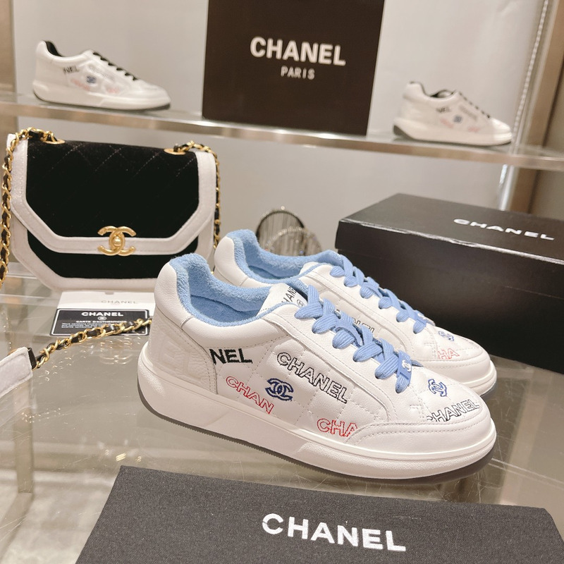 Ch*el  logo embroidered sneakers white blue