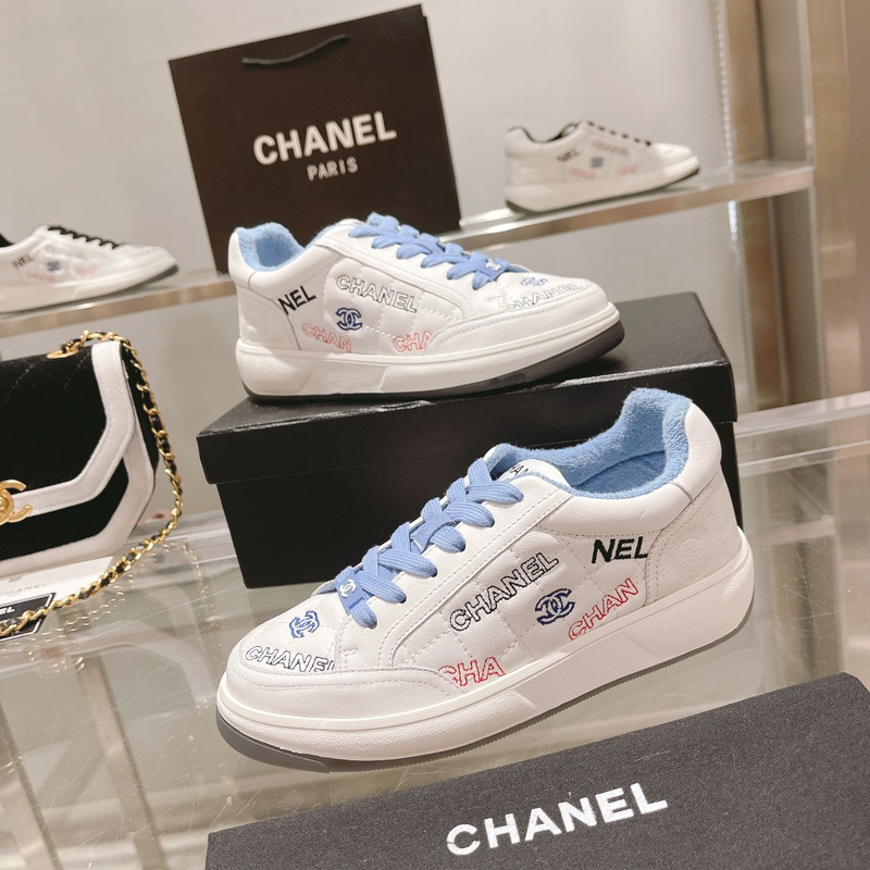 Ch*el  logo embroidered sneakers white blue