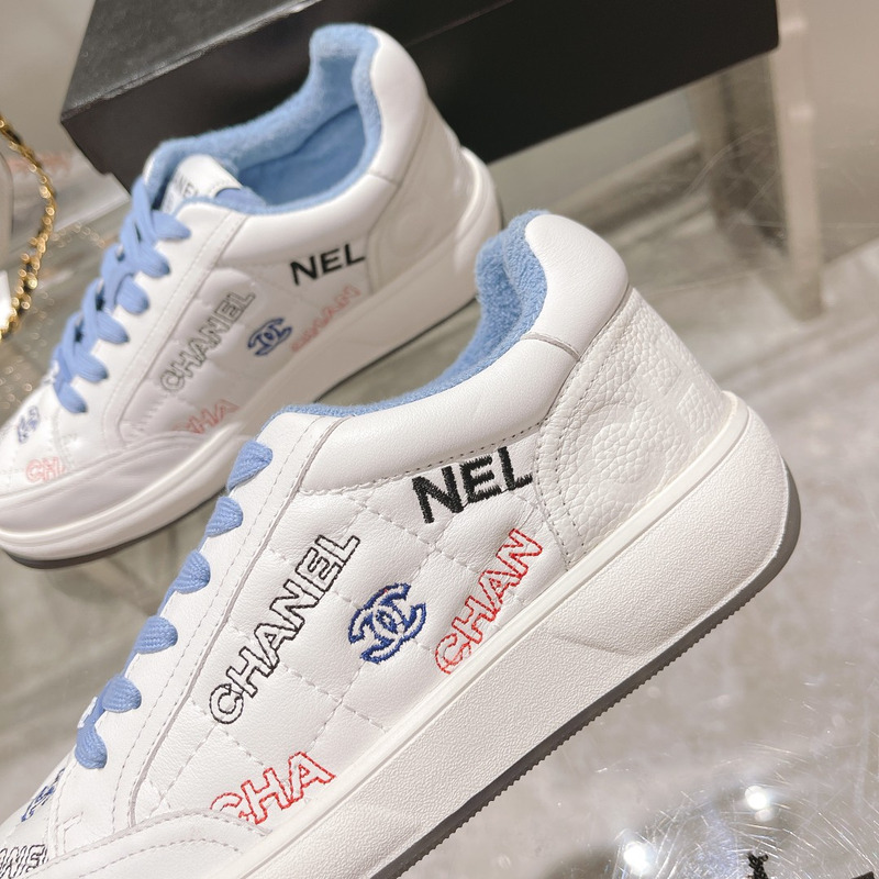 Ch*el  logo embroidered sneakers white blue