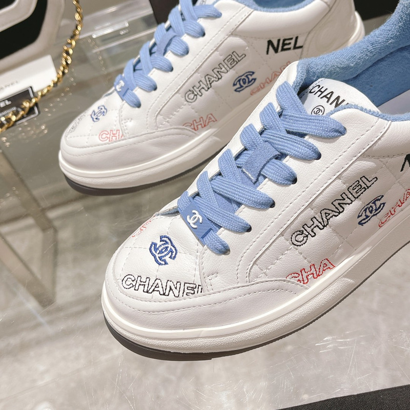 Ch*el  logo embroidered sneakers white blue