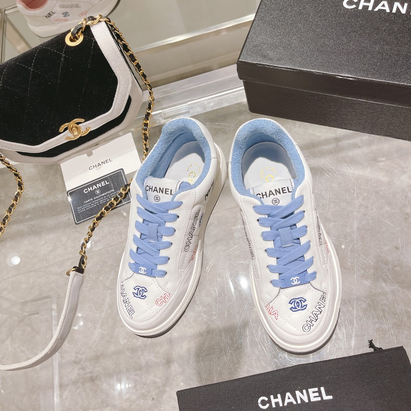 Ch*el  logo embroidered sneakers white blue