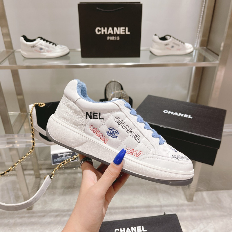 Ch*el  logo embroidered sneakers white blue