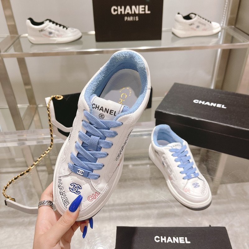 Ch*el  logo embroidered sneakers white blue