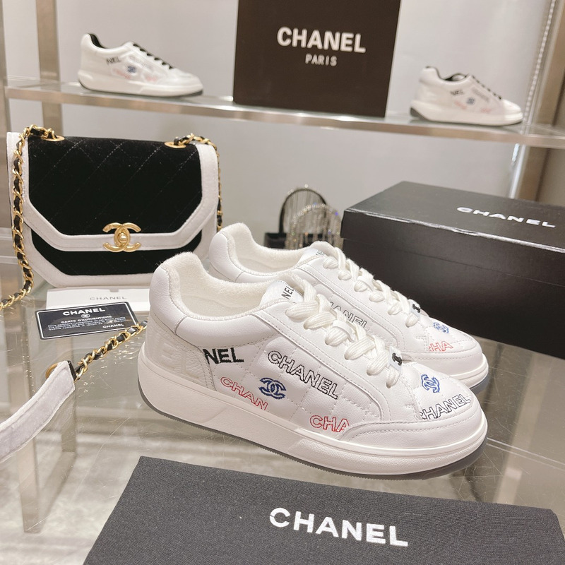 Ch*el   logo embroidered sneakers white