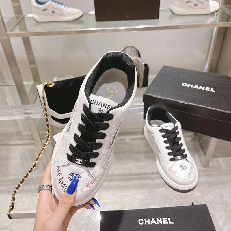 Ch*el   logo embroidered sneakers white black