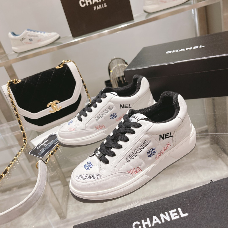 Ch*el   logo embroidered sneakers white black