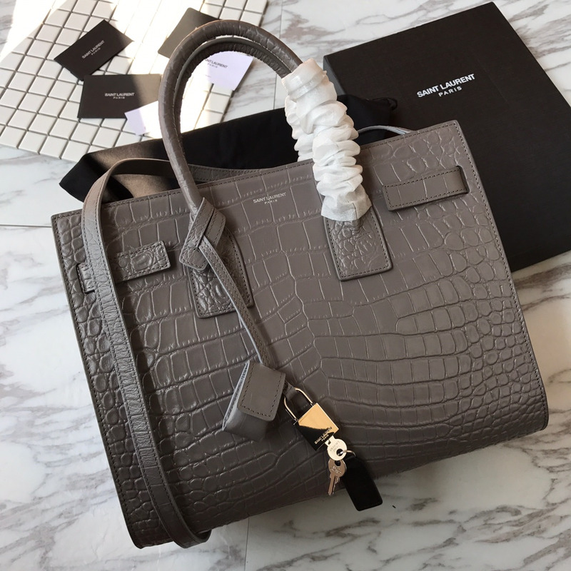 Saint Laurent Croc-Embossed Baby Sac De Jour Grey